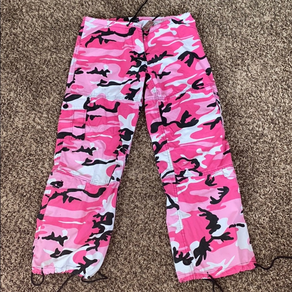 Pink, black, white camo pants